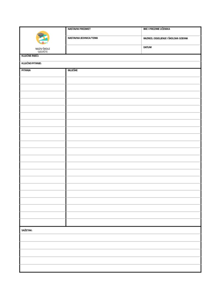 Cornell Notes ili Cornellova metoda za pravljenje bilješki/radnih listova 2 Cornell Notes ili Cornellova metoda za pravljenje bilješki/radnih listova